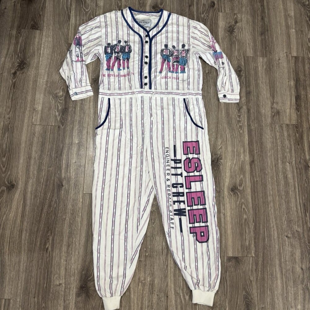 VTG 90s Esleep One Piece Jumpsuit Sleep wear Pajama‎ Pit Crew Brooklyn Baseball